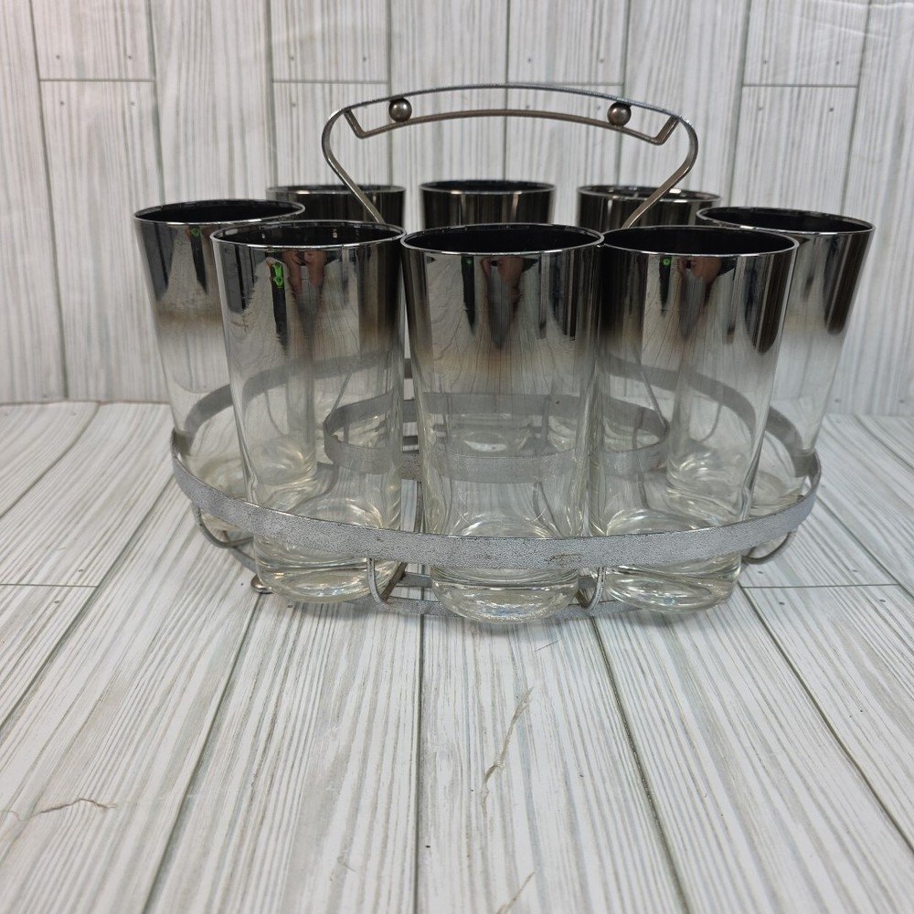 Silver Rim Highball Glasses 8pc W/ Chrome Carrier MCM Dorothy Thorpe