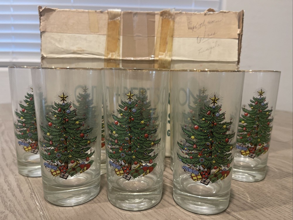 🎄​8 VTG CUTHBERTSON Christmas Tree 12 oz Tumblers Glasses, Gold Rim, 5.5″​ BOX