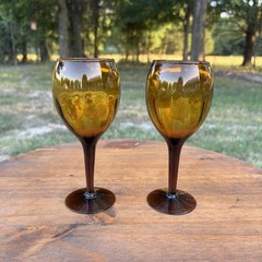 Vintage Amber Wine Glasses Brown Smoked Stem Mid Century Modern MCM Pair