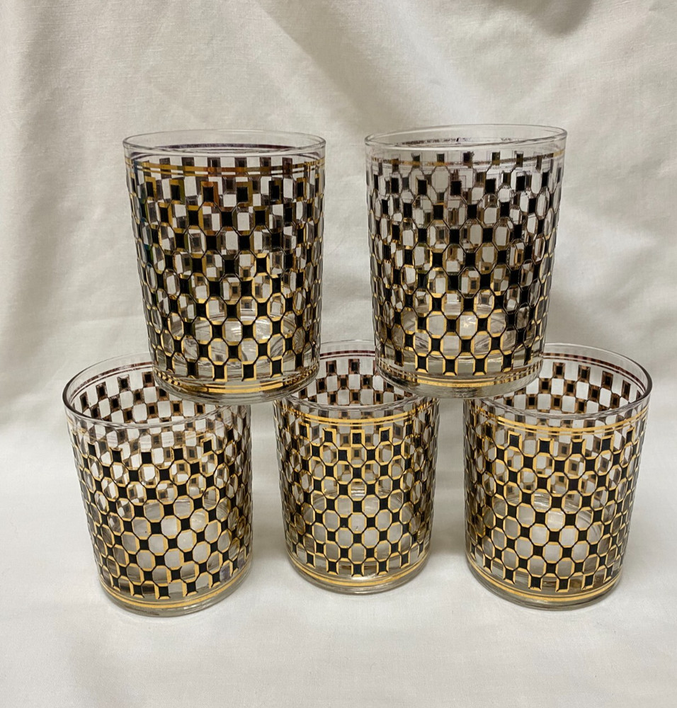 Culver Black and Gold Geometric Old Fashioned Glasses