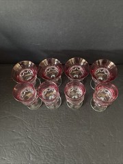 Kings Crown Thumbprint Cranberry Cordial Glasses-(8)-Cranberry Flashed EUC