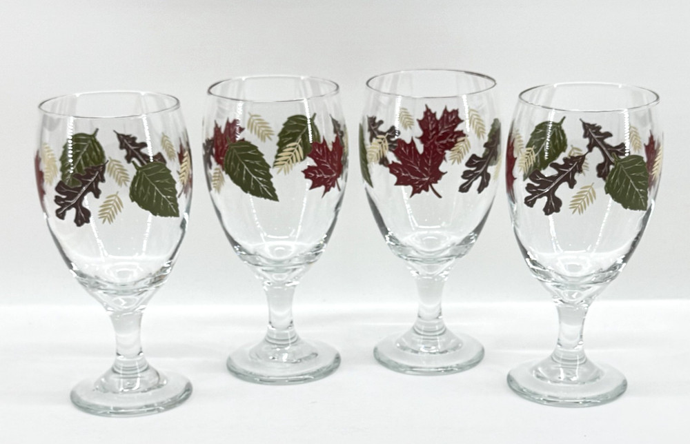 Libbey Autumn Fall Leaves Water Wine Goblet Glasses 16oz Set 4 Thanksgiving Vtg