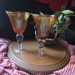 Vintage Amber Ruby Cased Art Glass Goblets Pair Controlled Bubble Hand Blown 8.5