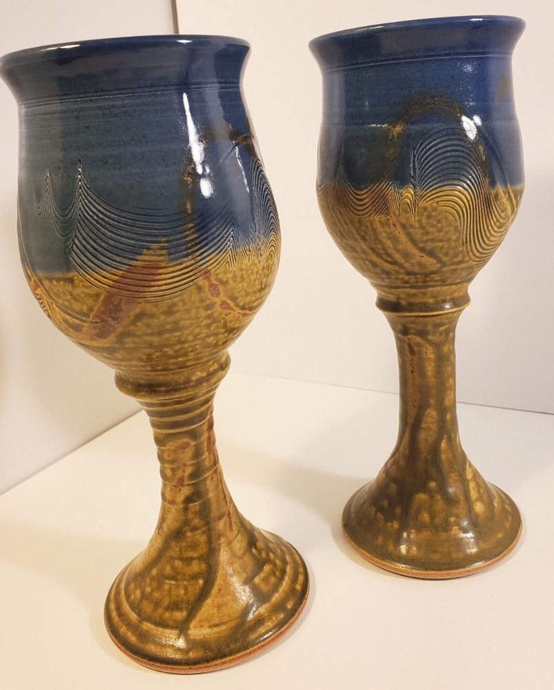 Jack Boyle Art Pottery Wine Goblets Signed Ceramic 9″ Tall Stoneware Set Of 2