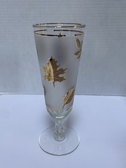 6 Vtg MCM Pilsner Glasses Gold Leaf Frosted Footed Stemmed Beer Foliage Drinking