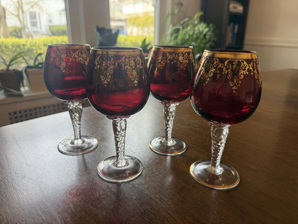Ruby Red Wine Goblets 4 Hand Painted Gold Scroll Twisted Stem MCM Vintage Italy