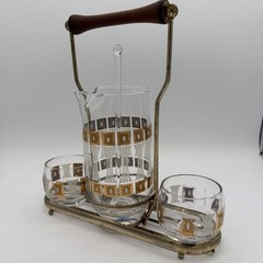 Vintage Mid-Century Modern Fred Press Glass Cocktail Caddy Set Sun Block Pattern