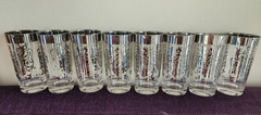 Vintage Kimiko Guardian Shield Barware Glasses with Silver Rim Set of 8