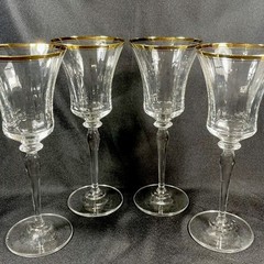 4 MIKASA Jamestown Wine Goblets Glasses Gold Trim Crystal FLUTED 9 1/4” Tall