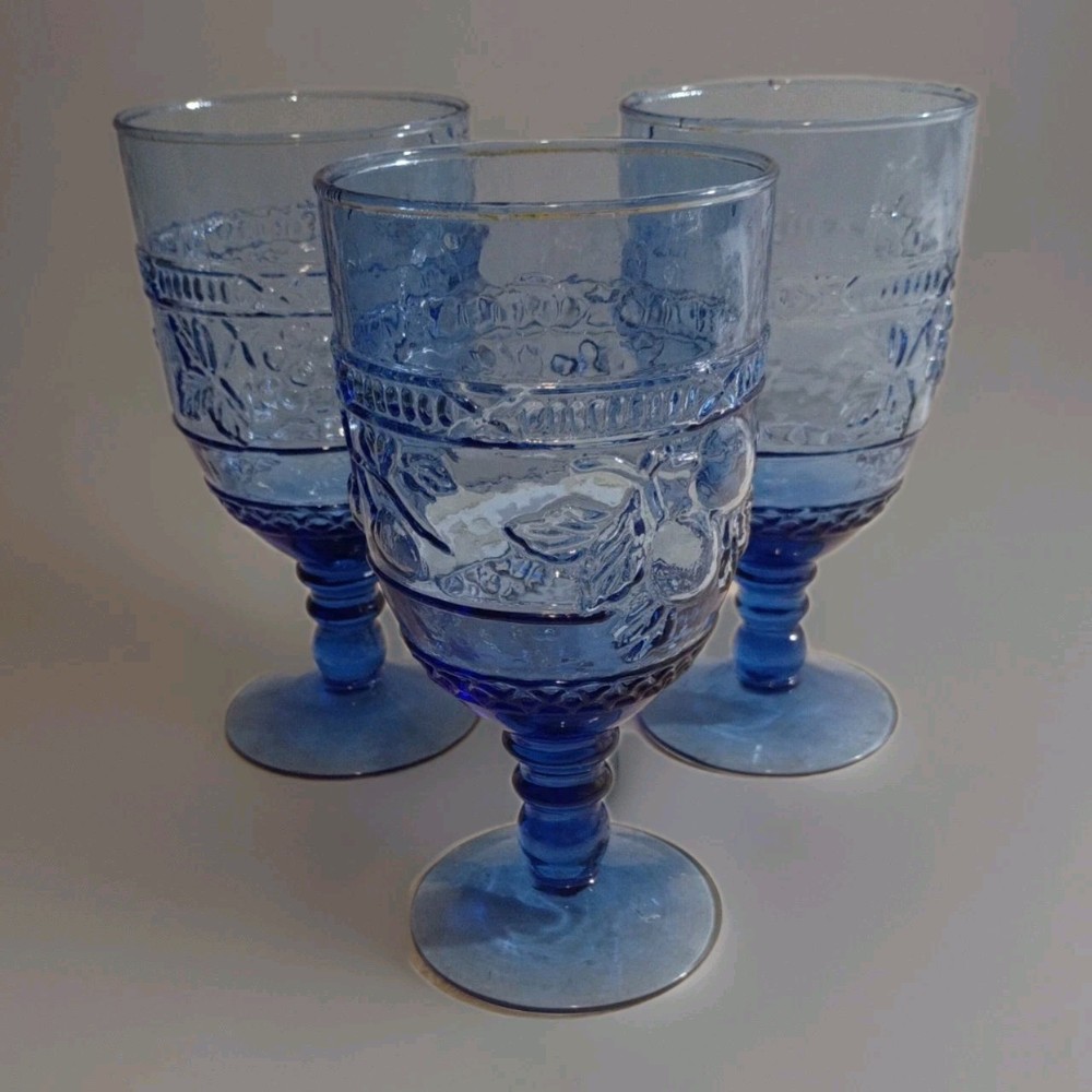 Vintage Blue Goblets Glasses, with raised fruit Excellent condition. Set of 3