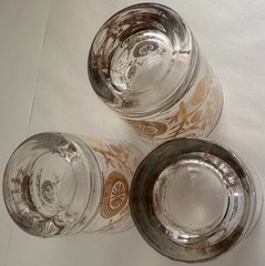 7pc Holiday Ornament Glass Set 4 Highballs 3 Tumblers Gold Brown Print