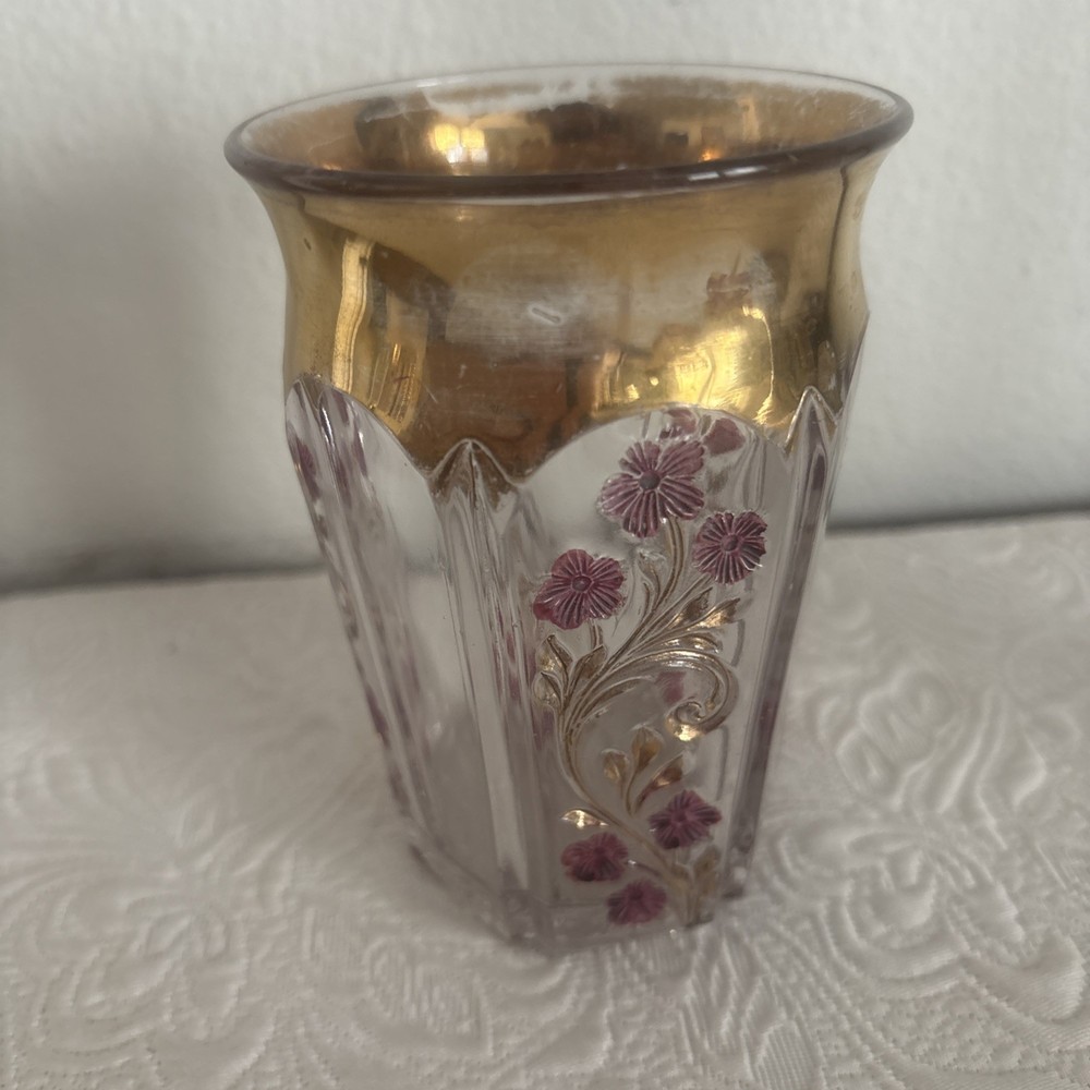Indiana Glass Company Floral Tumbler Cup Gold Rim 4 1/4”