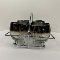 Vitreon Queen’s Lustreware Roly Poly Embossed Atomic Star Glasses w Chrome Caddy
