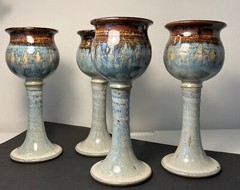 4 Studio Art Pottery Goblets Cups Chalice Artist stamped Blue Brown 8″ tall