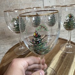 Set of 6~ Spode «Christmas Tree» Gold Trim 7-1/4″ Wine Goblets ~ Mint Condition