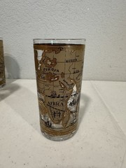 7 Vintage MCM Cera 22K Gold Old World Map Highball Cocktail Glasses 1960’s EUC