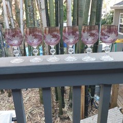 Six 6 Purple Cranberry Engraved Floral Cut to Clear Wine Glasses Goblets Vintage
