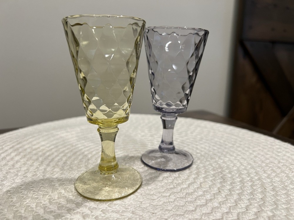 2 EAPG 1890’s Bryce Bros Diamond Quilted Glass Stem Goblets, Yellow & Grey