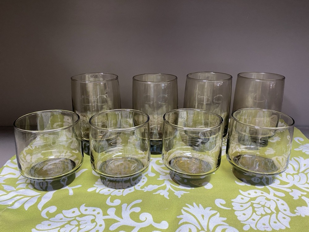 Vintage Libbey Tawny Accent Smoke Brown Glasses Set of 8 MCM Stackable Tumblers