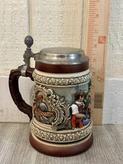 Vintage Thewalt German Beer Stein Hunting Scene Zum Wohlsein Pewter Lid DRM Zinn