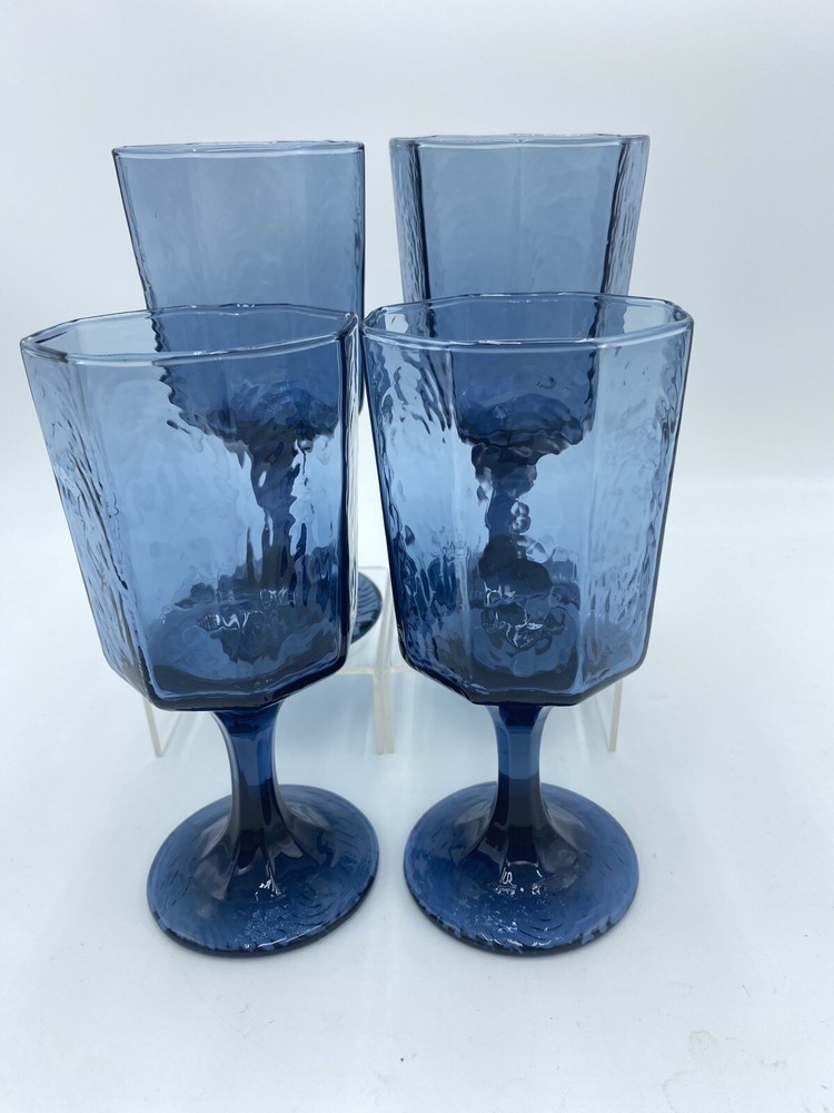 VINTAGE Blue Paneled Water Goblet Stemmed LIBBEY Facet Textured Drinking Glass