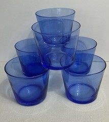 Set Of 6 ~Vintage Cobalt Blue Flare 10 Oz Glasses Rocks 3.25” ~Tiny Scratches