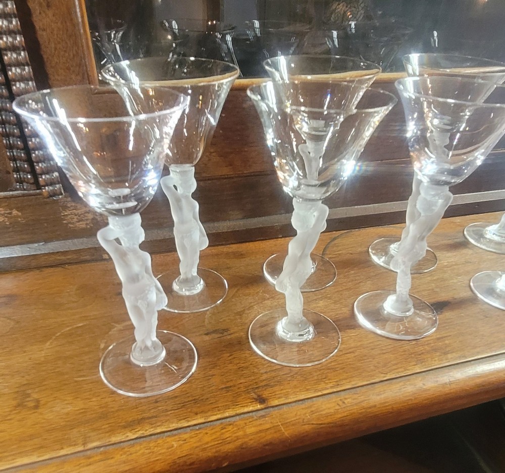 8pcs Vintage Bayel Bacchus Frosted Stem Figure Crystal Cordial Martini Glasses