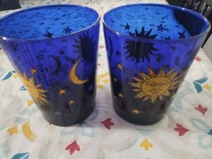 Vintage Libbey Cobalt Blue Celestial Sun Moon Stars 2 Glasses Made In USA 4.5″