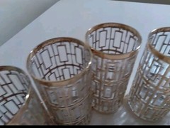 Vintage Mid Century Shoji Trellis Imperial Glass Gold Highball Tumblers Set (6)