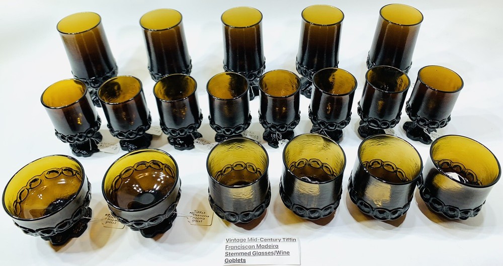 Vintage Mid Century Tiffin Franciscan Madeira Amber Goblets 4 Sizes 19 pieces