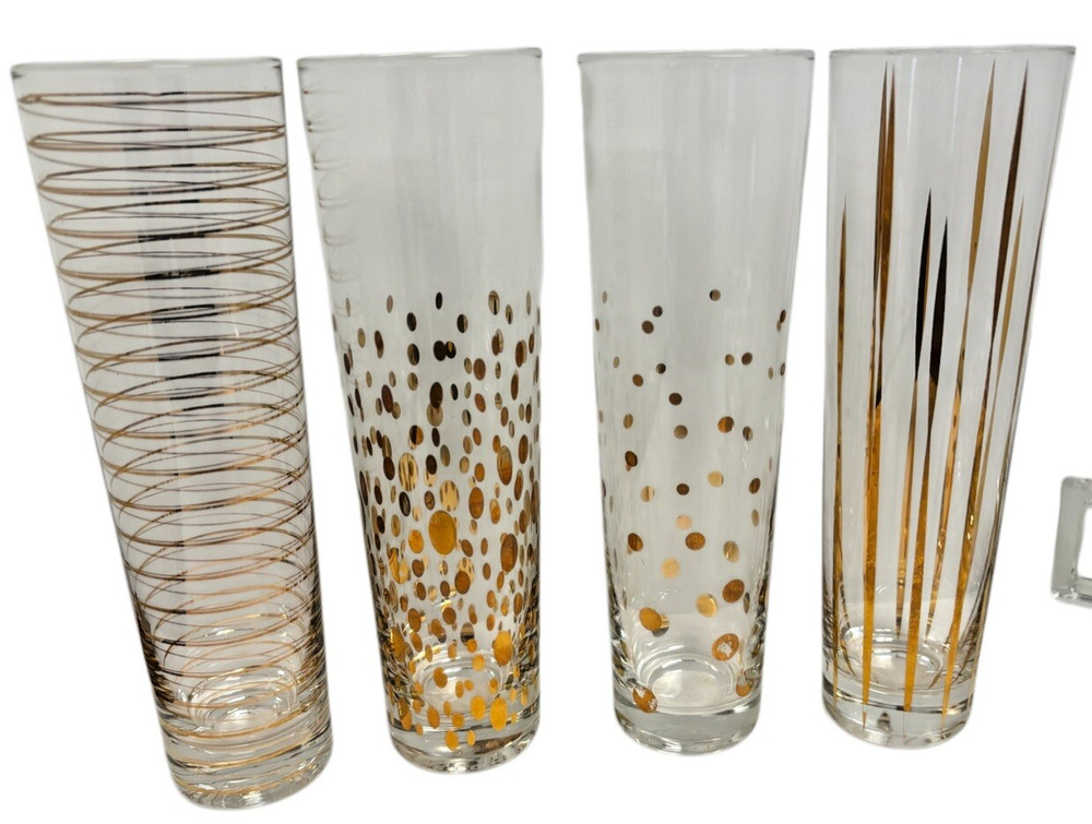 Set of Four Zodax La Fete Decal Champagne Flutes Gold On Clear Glass Dots Stripe