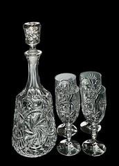 Vintage Bohemian Czech Cut Crystal 13” Decanter w/ Wine Glasses Pinwheel Mint