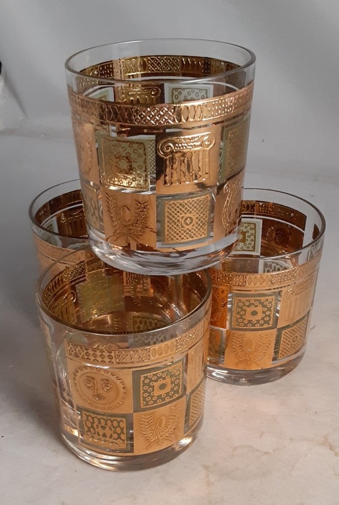 4-Georges Briard Signed 22K Golden Celeste Low Ball Rocks Glasses EXCELLENT