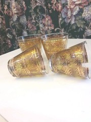 Vtg Georges Briard Cocktail Glasses 4 Low Ball Mid Century Modern Gold Swirl