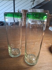 Glass Art Set of 2 Green Rim Tall Tumblers 7″ Mojito!!