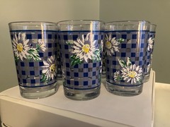 Vintage KIG Indonesia Blue Gingham Plaid Daisy Flower Juice Glasses Tumblers Set
