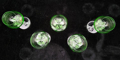 Vintage Set Of 5 Hand-Blown Green Glass Goblets w/Clear Ornate Twisted Stems