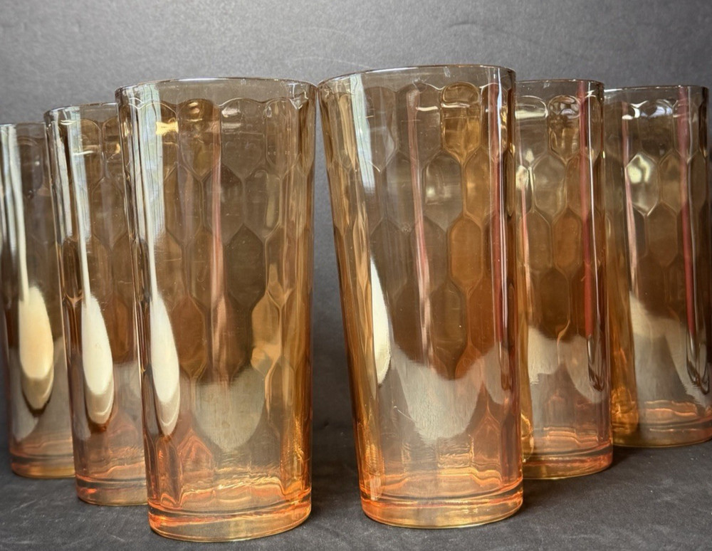 Vintage Jeannette Hex Optic/Honeycomb Peach Luster Carnival Glasses Set of 6