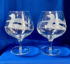 PERRY COYLE Set of 2 Etched Duck Brandy Cognac Snifter Glasses Wildlife~ Mint!
