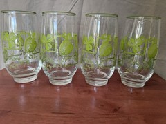 Set Of 4 Lime Green Ivy Clover Green Rim Detailed Vintage Iced Tea Glasses