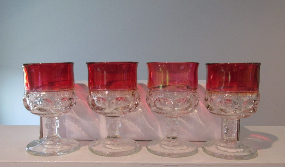 Four 4oz Tiffin-Franciscan King’s Crown Cranberry Top Flashed Juice Wines 4-3/8″