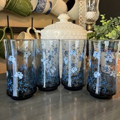 VINTAGE 4 LIBBEY TAWNY BLUE FLORAL GLASSES TALL TUMBLERS MCM