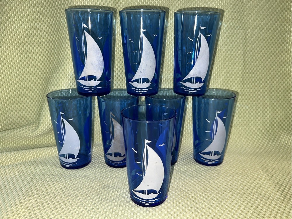Vintage Hazel Atlas Cobalt Blue Seagulls Sailboat Glass Tumblers (8) 8 Oz 5” Ht