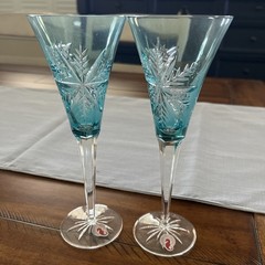 2 Waterford Crystal Snowflake Aqua Champagne Flutes