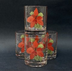 VTG Set of 4 Block POINSETTIA Old Fashioned 8 oz Glasses Mary Lou Goertzen