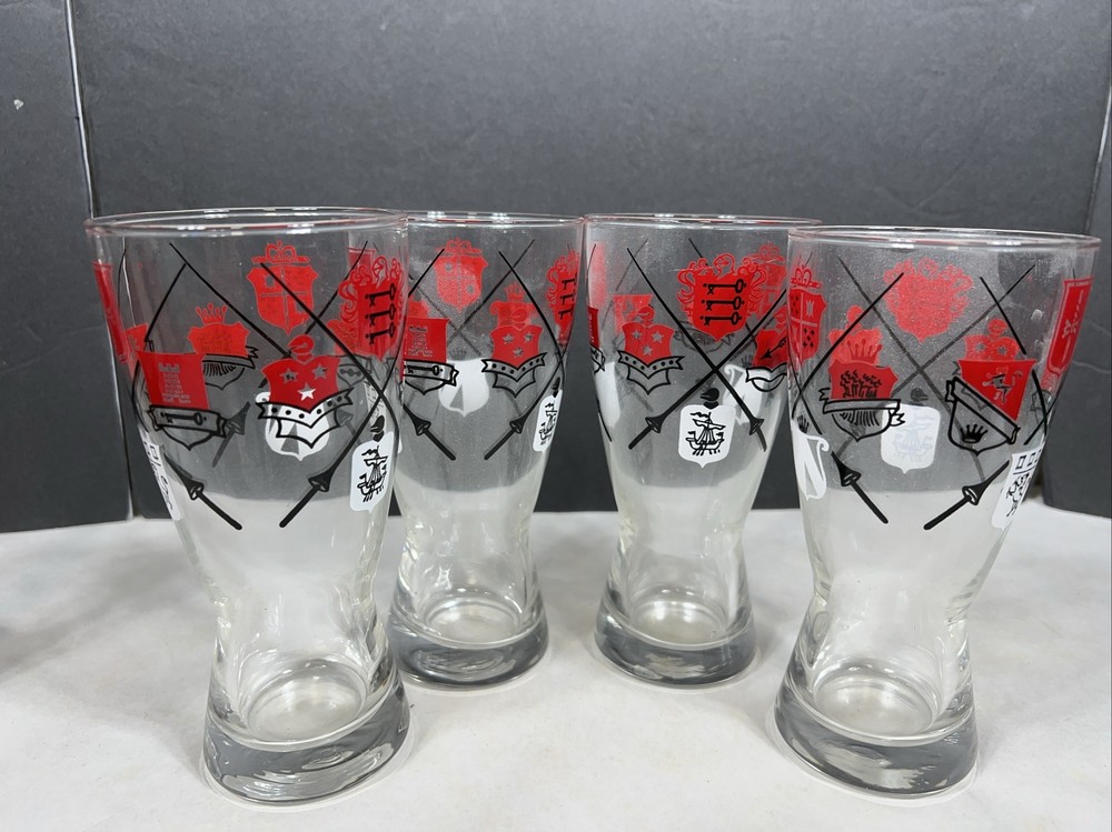 4 Vintage Libbey Pilsner Beer Glasses Coat of Arms Swords Shields Knights Armour