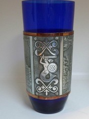 Vintage Polish PRL Cobalt Blue Glass Tumbler Warsaw Landmarks Metal Sleeve