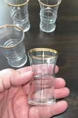 Anchor Hocking Set of 4 1940s Gold Rimmed Ribbed Center Juice Glasses