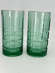2 – ANCHOR HOCKING TARTAN GREEN PLAID 16 OZ BEVERAGE 6″ ICE TEA GLASSES TUMBLERS