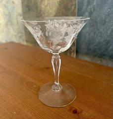 Etched Fuchsia Floral Stemmed Cocktail Glasses Coupes Vintage Barware Pair of 2